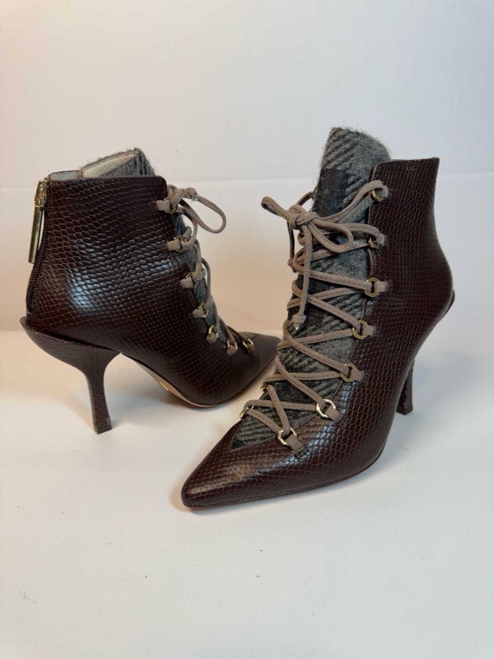 Louise et Cie Brown Reptile Lace Up Pointed Toe Wool Booties 6.5